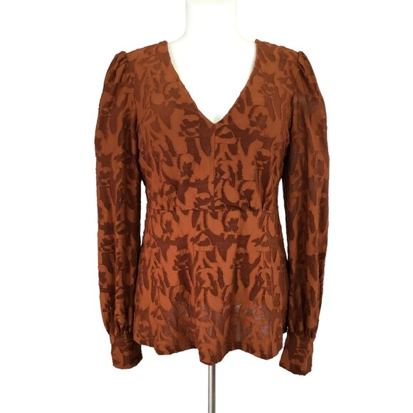 Eva Franco Anthropologie Burnout Velvet Top sz XS Puff Sleeve Sheer Rust Orange - Picture 2 of 16